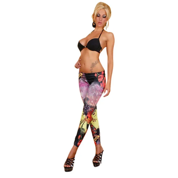 ML7528 Sexy gothic punk tattoo leggings Denim Look Legging Pants sexy strech Seamless Leggings | Женская одежда