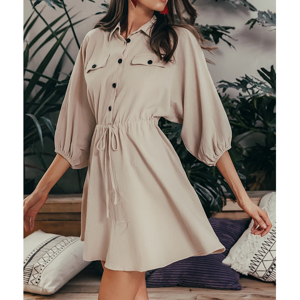 Элегантное льняное короткое платье-рубашка женское Хлопковое платье с длинным