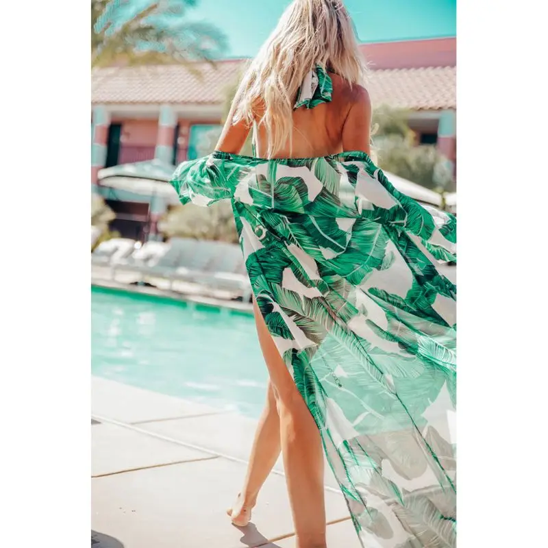 Женское полупрозрачное Макси кимоно кардиган топ зеленое бикини с принтом