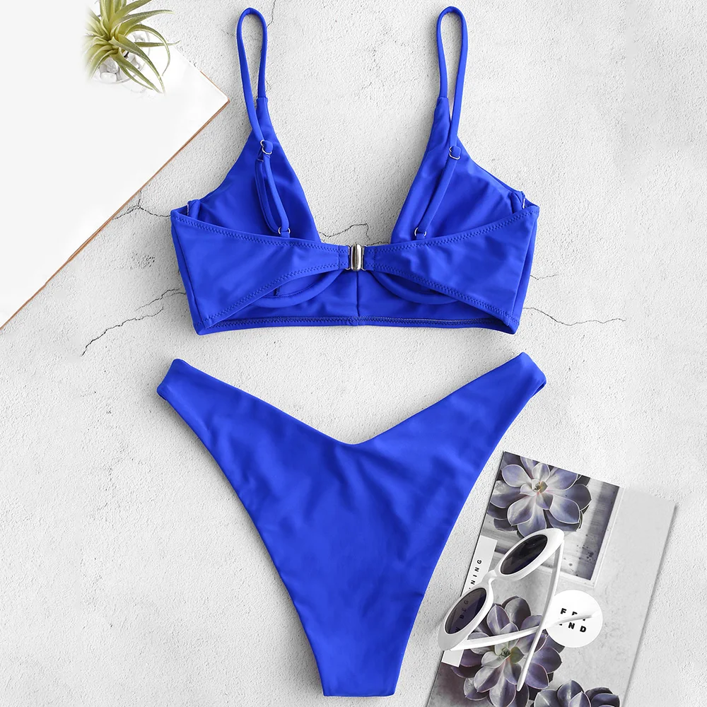 ZAFUL Bikini Underwire High Cut Neon Bikini Set Spaghetti Straps Padded Solid Swimsuit Women Swimwear Push Up Bathing Suit