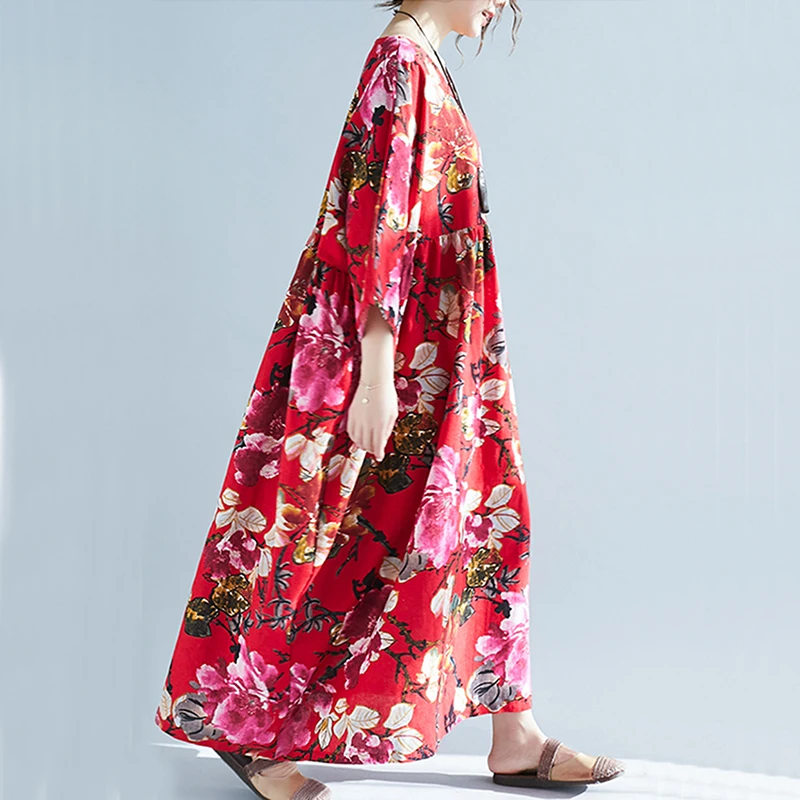 Elegdream Brand Oversized Maxi Long Dress Plus Size Women Flower Print Casual Cotton Linen Bohemian Dresses Female Tunic Vestido | Женская