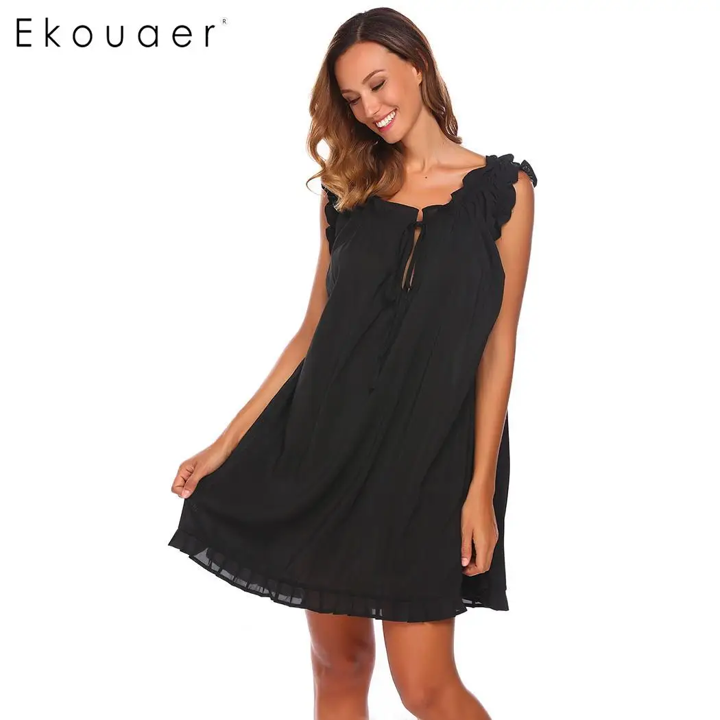 Ekouaer Nightgown Elegant Nightdress Casual Round Neckline Sleeveless Front Lace Up Sleepwear Solid Loose Ruffles Sleep Dress | Женская