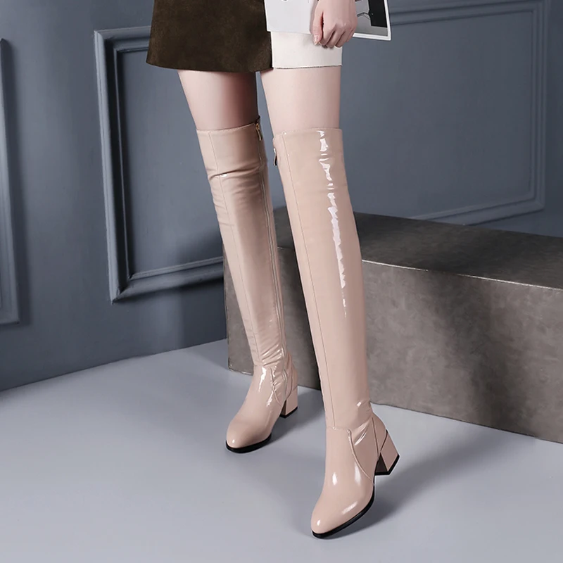 

ISNOM Winter High Heels Over Knee Boots Women Zipper Round Toe Genuine Leather Footwear 2018 Fashion Short Plush Female Shoes