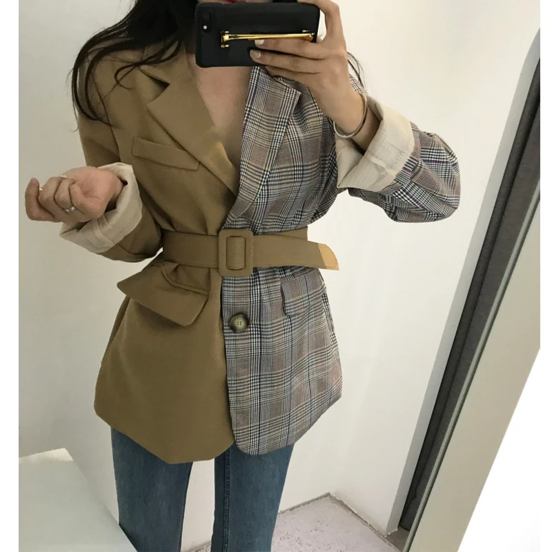 Женский блейзер GETSRING с поясом высокой талией в клетку разные цвета асимметричный