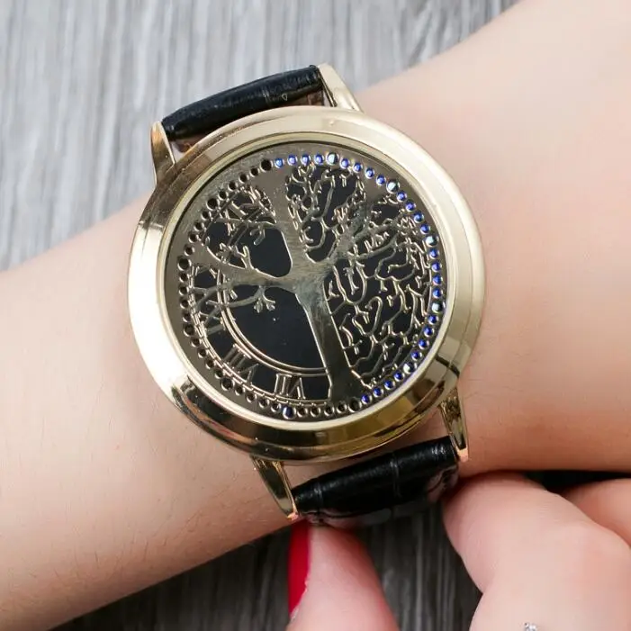 Креативные женские светодиодные часы с сенсорным экраном модные кожаные