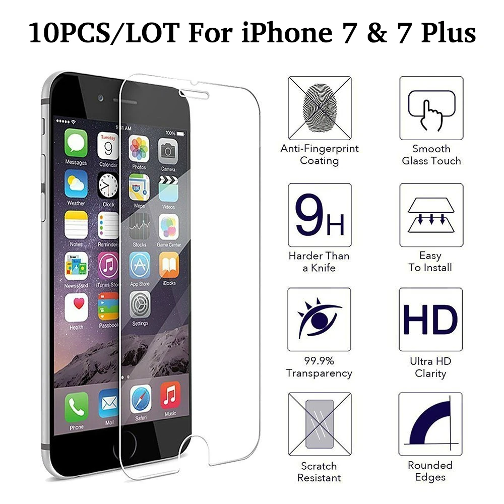 10 шт/партия Закаленное стекло протектор экрана для iPhone 7 и 7 Plus защитная пленка без розничной упаковки