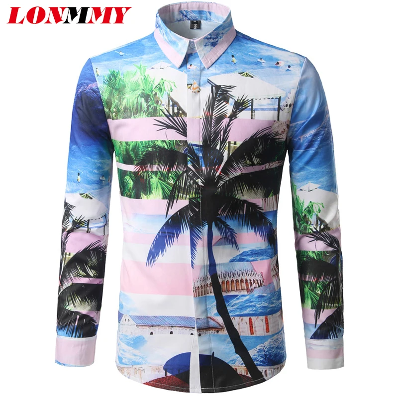 LONMMY Digital Print Palm Tree shirts men dress Casual Shirt slim fit Hawaii blouses blusas camisa social masculina New | Мужская одежда