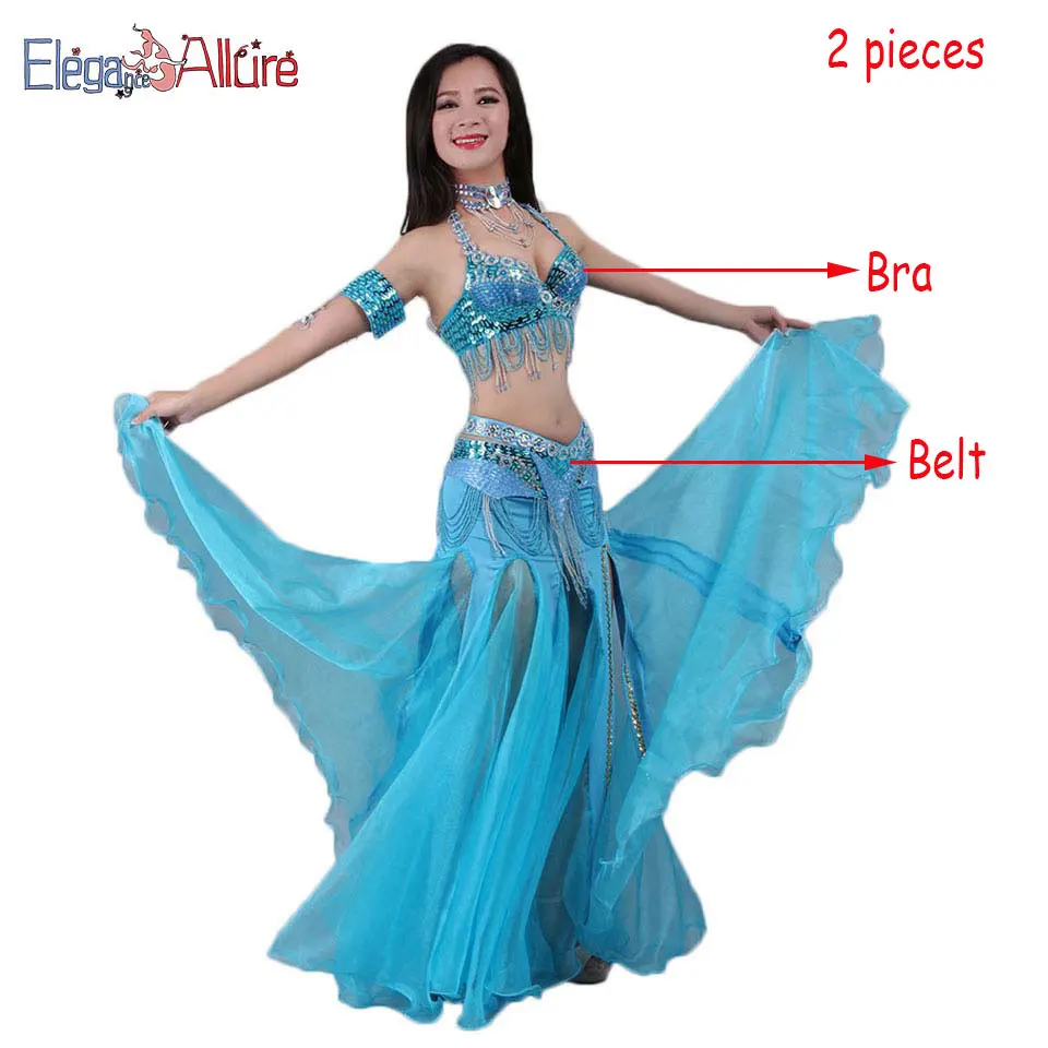 Blue 2pcs BRBE E&A, 2 шт., женский костюм для танца живота, комплект для выступлений, набор для танца живота, модный топ, пояс, ожерелье, браслет, юбка, Одежда для танцев - Цвет: Blue 2pcs BRBE