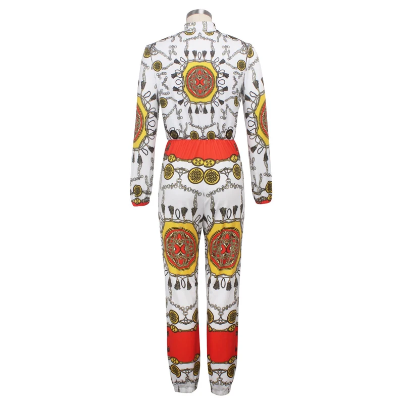 Women Long Sleeve Zip Up Jumpsuit Vintage Printed Regular Fit Long Jumpsuit Elegant Holidays Beachwear Office Lady Workwear