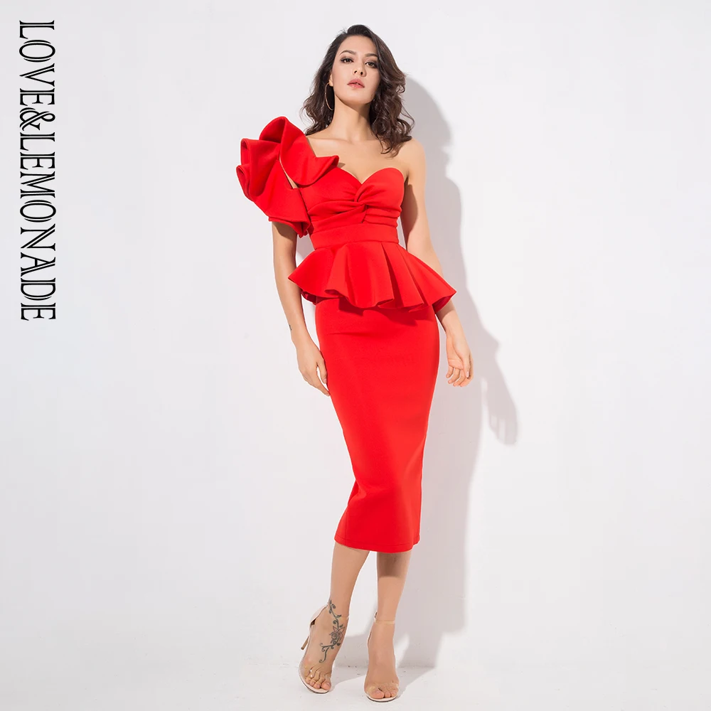 Love& Lemonade красный облегающий комплект из двух предметов на одно плечо с оборкой LM1192