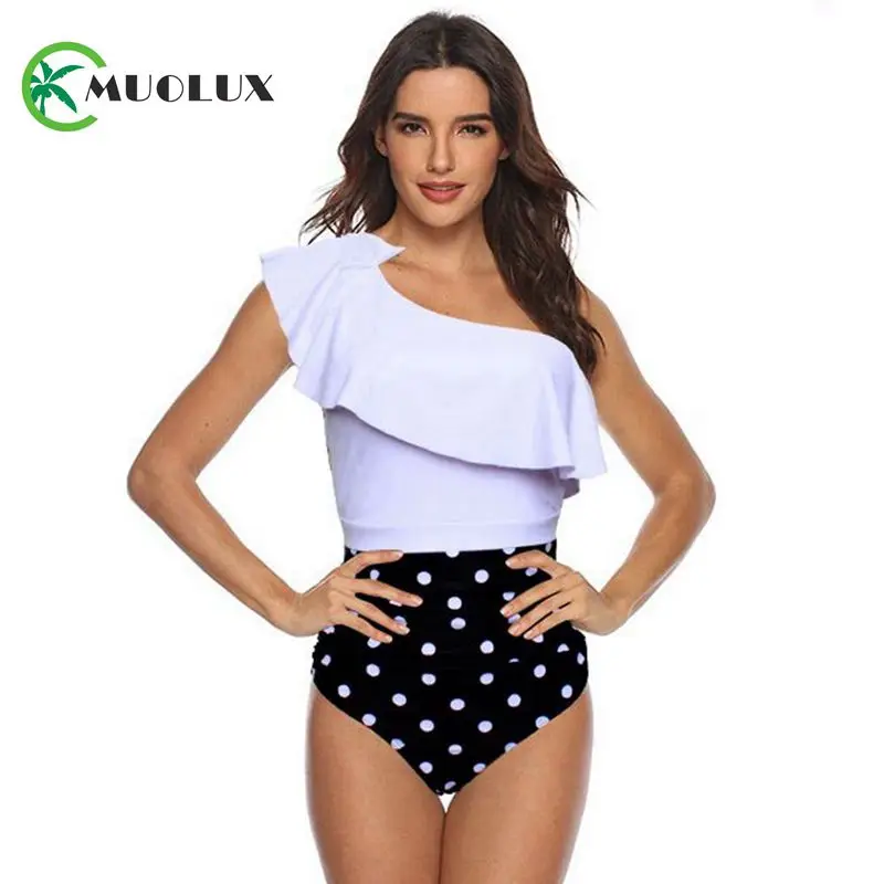 white dots MUOLUX, сексуальные женские купальники с цветочной каймой, с подкладкой, с рюшами, пуш-ап, купальник, черный, плюс размер, цельный, стринги, купальник - Цвет: white dots