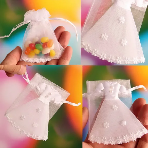 Baby Shower 7*9 см сумочки из органзы свадебное платье дизайн конфеты мешочки с