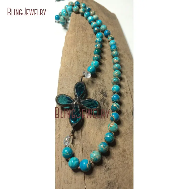 Ожерелье с узелками Boho Aqua Teal ожерелье с припаянным кристаллом с боковым крестом кулон Boho длинное многослойное ожерелье NM26772