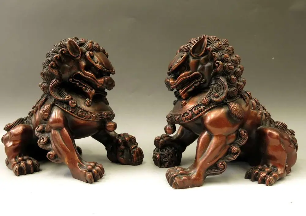 

6" China bronze sculpture carved red copper Feng Shui Foo Dogs lion pair Statue