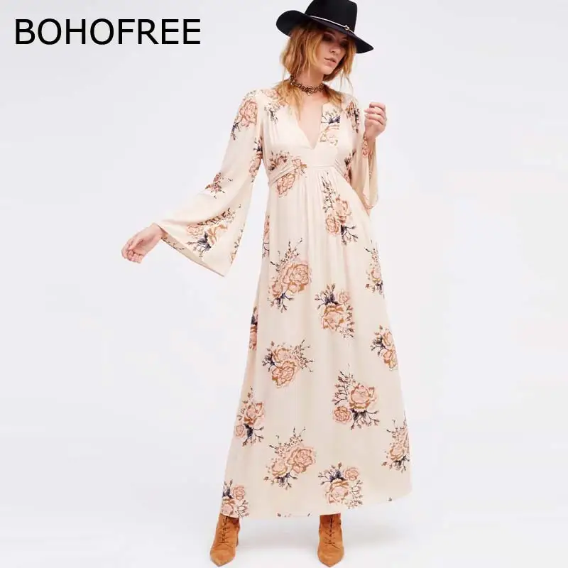 BOHOFREE винтажные длинные платья Mujer богемное цыганское цветочное хлопковое макси