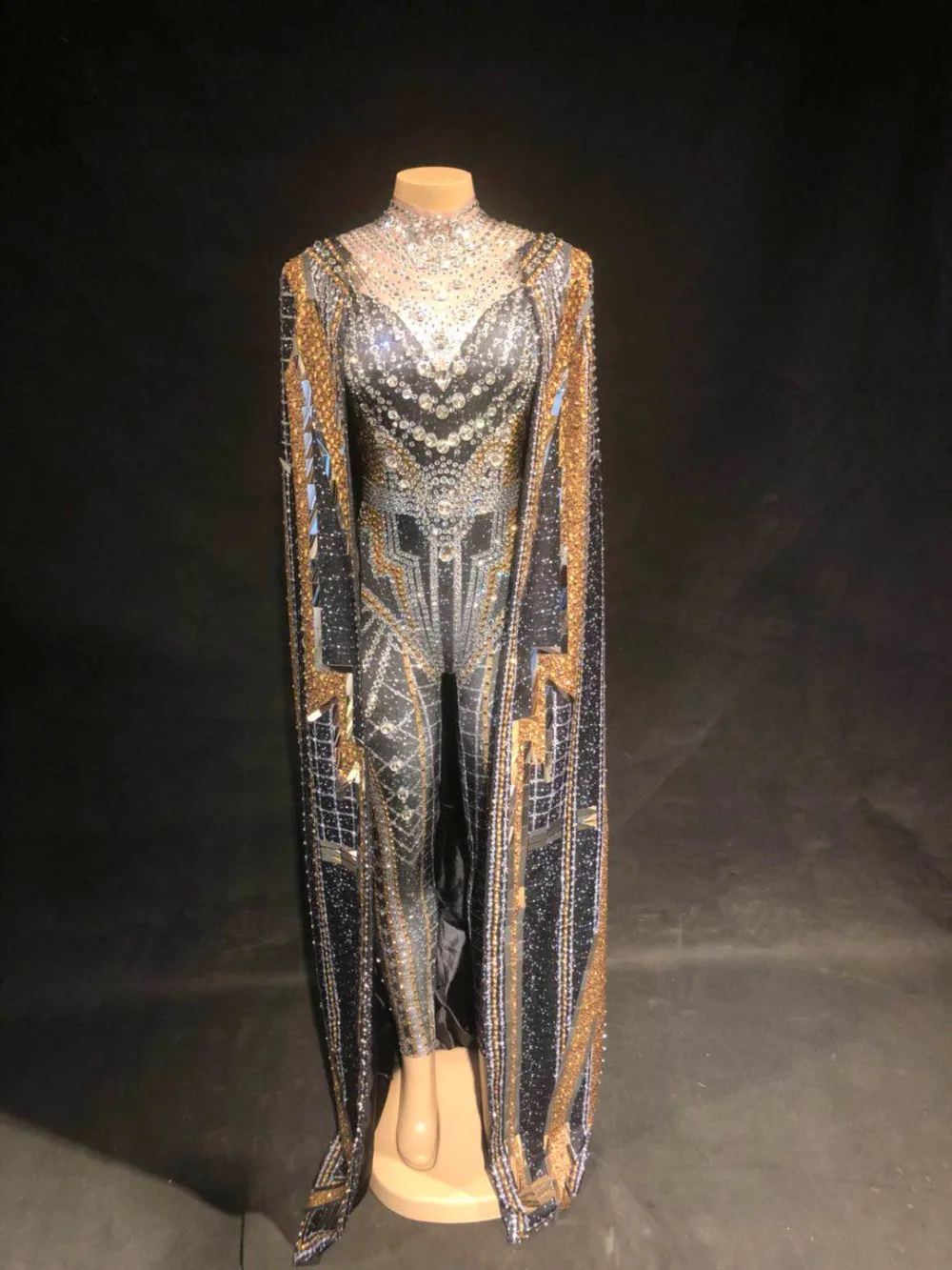 Женский сексуальный сценический комбинезон + пальто серебристого и золотого