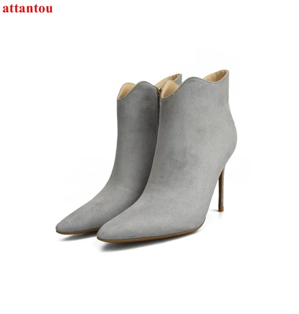 

Pointed Toe woman ankle boots grey suede leather thin heel female short boots party dress shoes office lady outfit stiletto