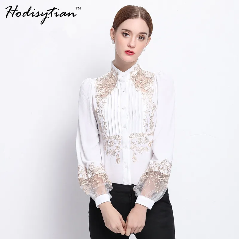Hodisytian Noble Women Blouse Shirts Elegant Slim Fit Pleated Blouse Casual Floral Embroidered Long Sleeve Blusas Camisa Femme floral embroidered high low blouse