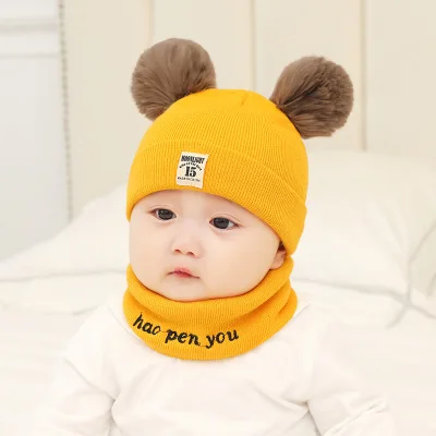 Yellow Set Ideacherry/детская шапка, Теплая Зимняя шерстяная шапка с рисунком для малышей, вязаная шапочка мех, помпон, шапка, шарф, комплект для От 1 до 3 лет, шапки для маленьких мальчиков и девочек - Цвет: Yellow Set