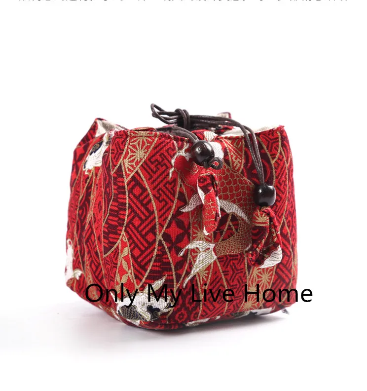 Square Bottom Thicken Linen Printed Cloth Bags Travel Drawstring Jewelry Pouch Portable Small Tea Cup Tea Set Storage Pouch