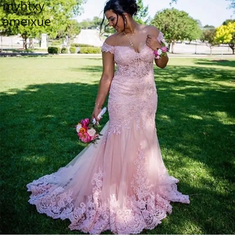 

Sexy Plus Size Off Shoulder Pink Evening Dress Boat Neck Appliques Beading New Women Formal Party Sweep Train Robe De Soiree