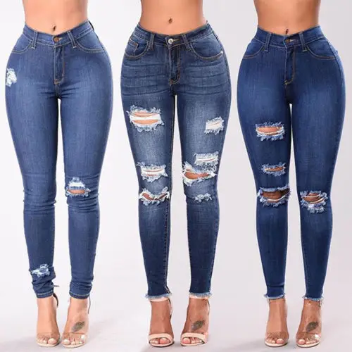 

Женские джинсовые узкие рваные брюки, высокие однотонные повседневные джинсы с дырками, модные эластичные джинсы с завышенной талией, длин...