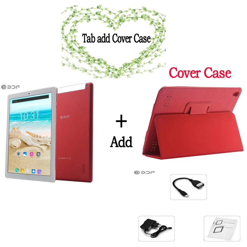 Add Leather case BDF планшет, 10 дюймов, 3G, телефон, SIM, планшет, ПК, Android 7,0, ips, 1280*800, MTK 6753, четыре ядра, 4 Гб ram, 64 ГБ rom, Bluetooth, WiFi, планшеты - Комплект: Add Leather case