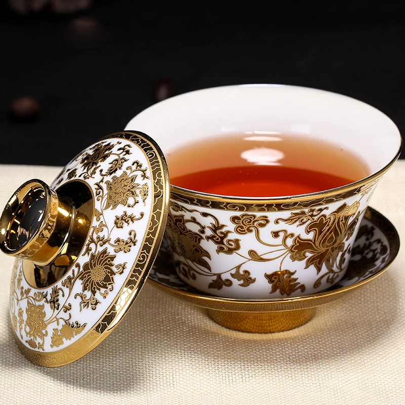 Цзиндэчжэнь 230 мл Творческий Gaiwan керамика фарфор золото чай миска с крышкой набор
