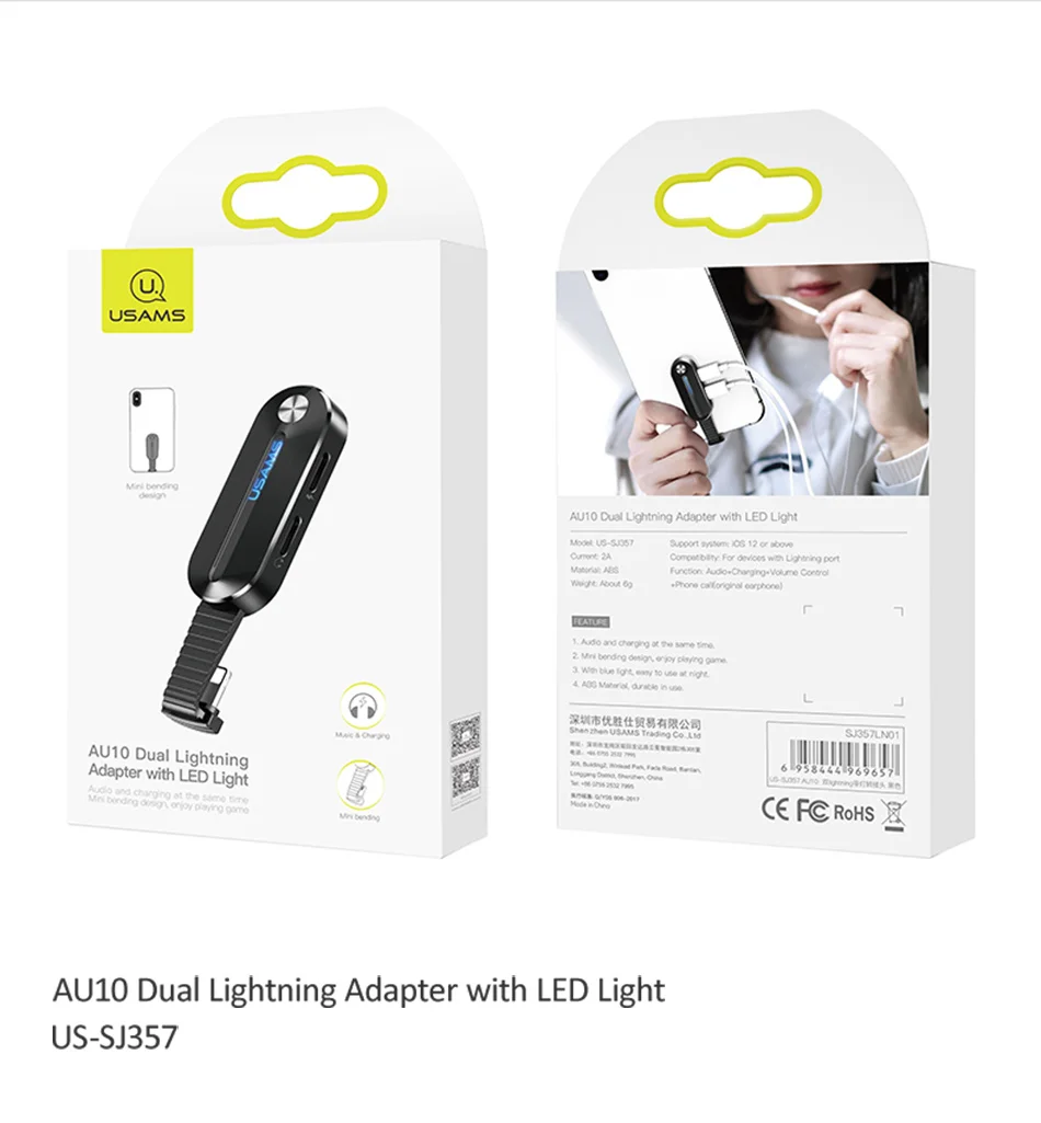 USAMS Dual для Lightning адаптер 2 в 1 аудио Зарядка для iPhone X XS 7 8 адаптер для Lightning+ 3,5 мм 2A зарядка OTG адаптер