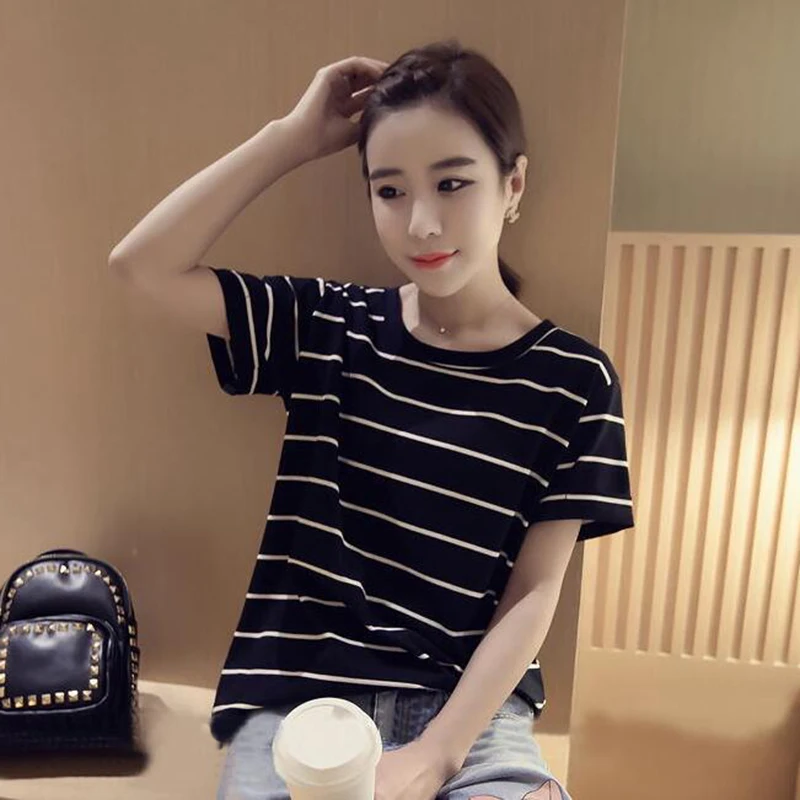 Liva Girl Simple Summer Fashion Women Black White Striped Short Sleeve Loose Tops Female Shirts Clothing Gifts | Женская одежда