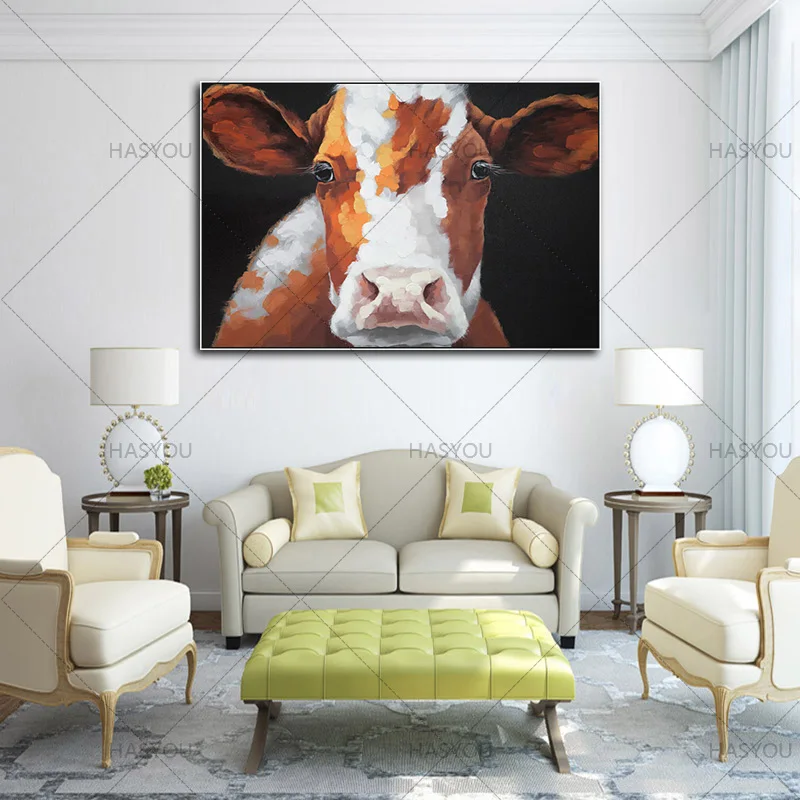 Hand Painted Modern Animal Oil Painting On Canvas cow Cartoon oil painting Wall Art wall decor For Living Room restaurant cafe | Дом и сад