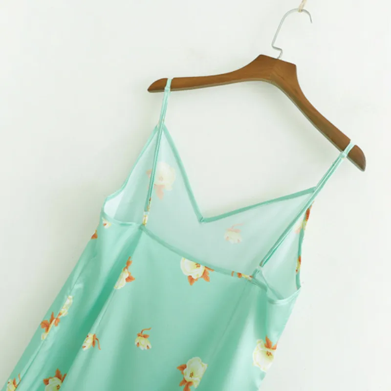 Для женщин Цветочный принт Платье без Рукавов Синего атласа Спагетти ремень Midi