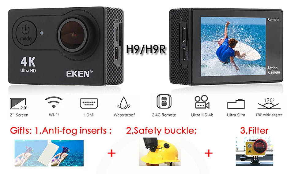 Экшн-камера eken H9R/H9 Ultra HD 4 K/30fps WiFi 2," 170D Водонепроницаемая камера для подводной съемки на шлеме Спортивная камера s