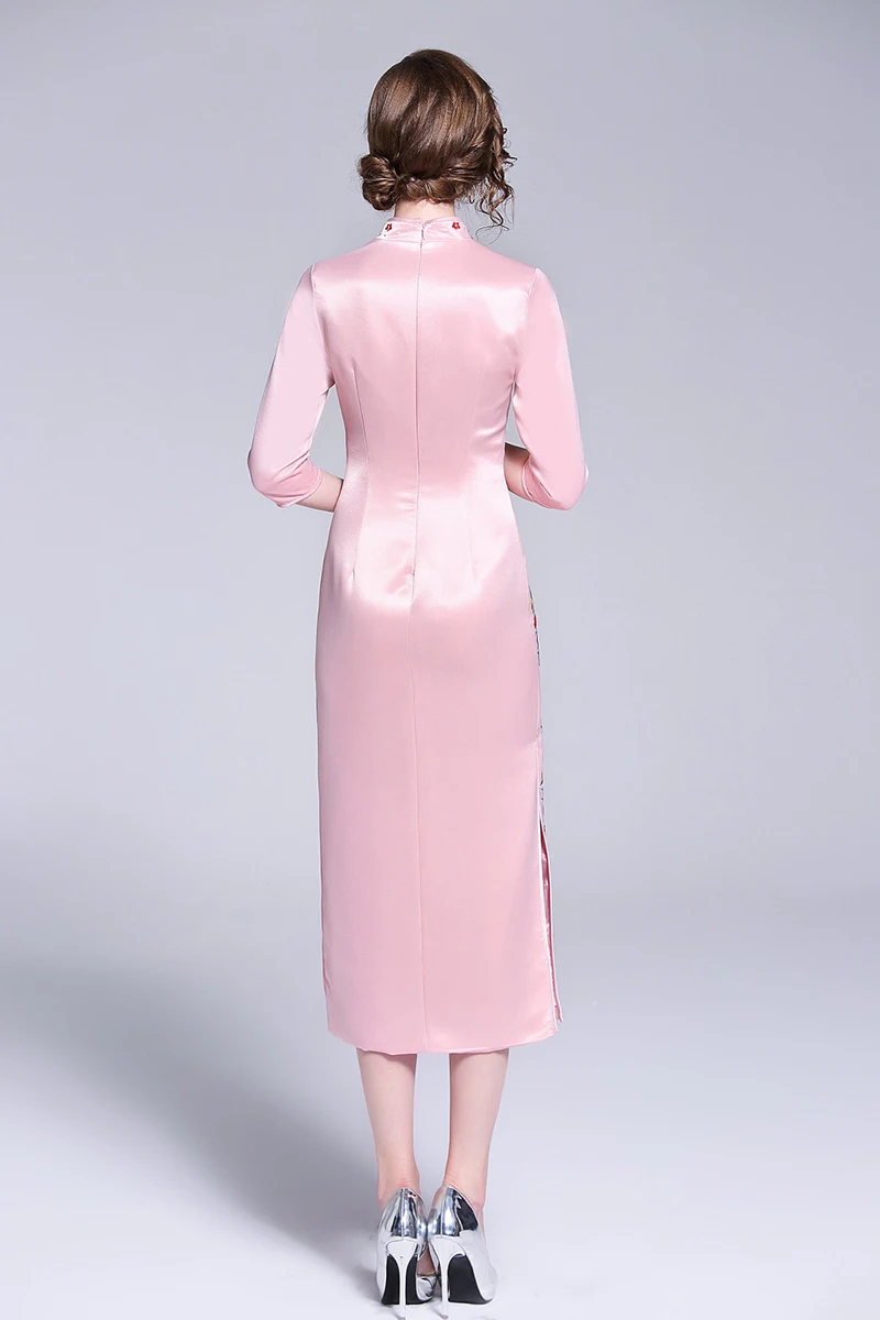 Китайский стиль Cheongsam вышивка Florals Женщины платье элегантный воротник-стойка Женский Тонкий платья осень голубой розовый