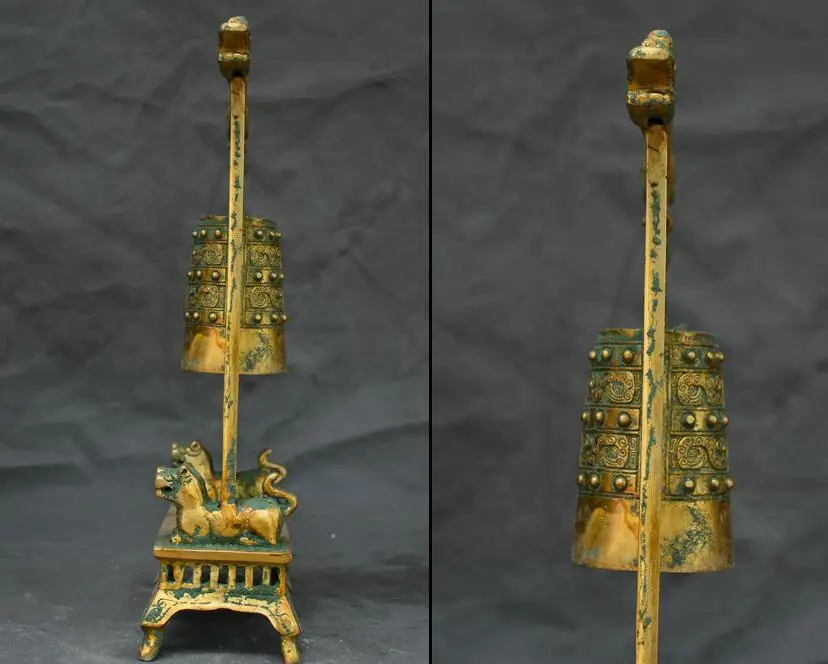 14 4 &quotКитай Бронзовая посуда позолоченный два головы дракона чудовище тигра база