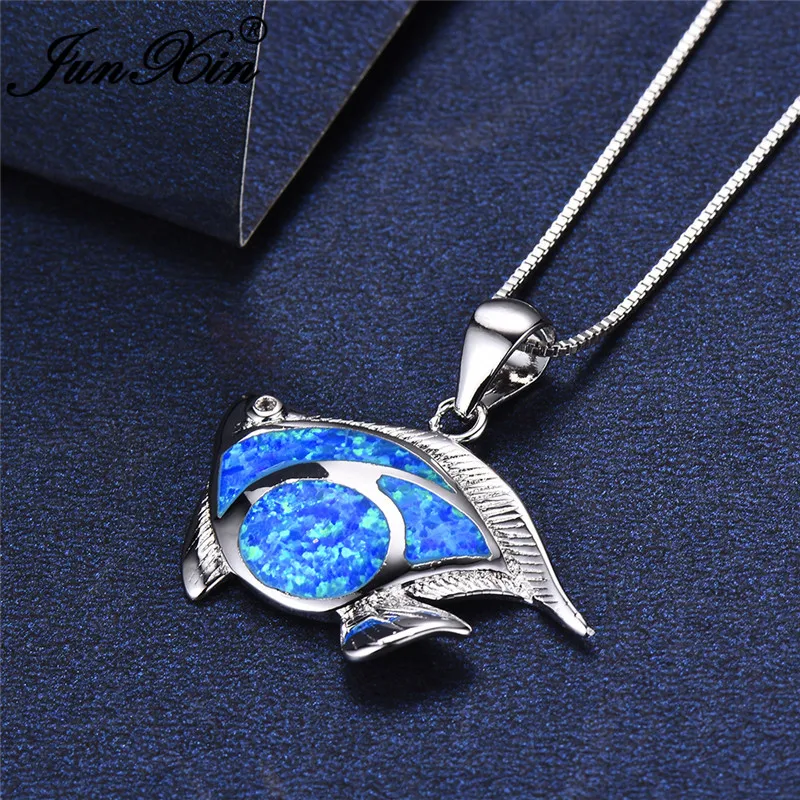 JUNXIN Ocean Blue Fire Opal Fish Pendant Necklaces For Women Men Silver Color Mystical Birthstone Necklace Wedding | Украшения и