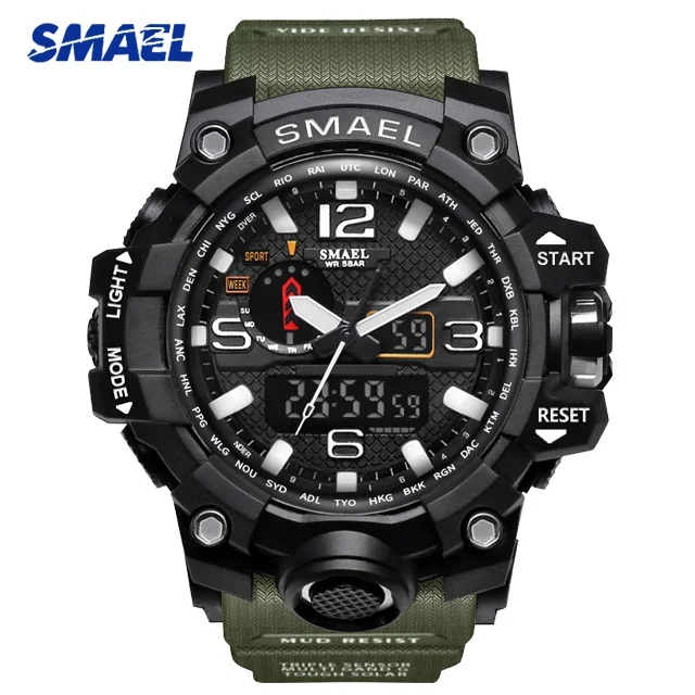 1545A ArmyGreen SMAEL мужские камуфляжные военные спортивные часы 1545 S SHOCK style Мужские кварцевые часы мужские светодиодные цифровые наручные часы erkek kol saati - Цвет: 1545A ArmyGreen