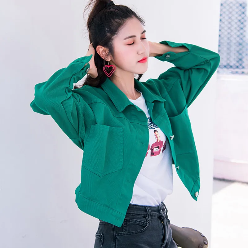 Яркие джинсовые куртки женские весна осень с длинным рукавом Короткие пальто 2019