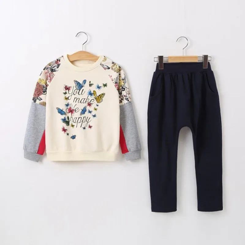 

DFXD Children Clothing Set 2018 Spring Autumn Long Sleeve Butterfly Print Pullover+Pant 2pcs Fashion Teens Girls Outfits 4-12Y