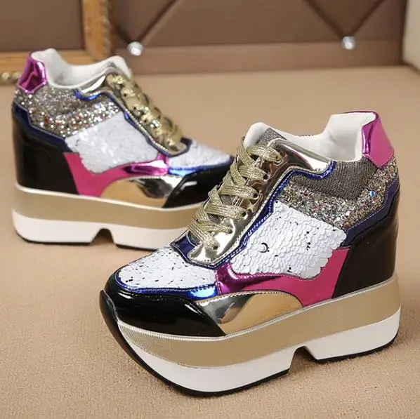 Fashion Women Thick Shoes Casual Golden Sequins Patent Leather Gold Flat Platform Women's Lace Up Female 35-3 | Обувь