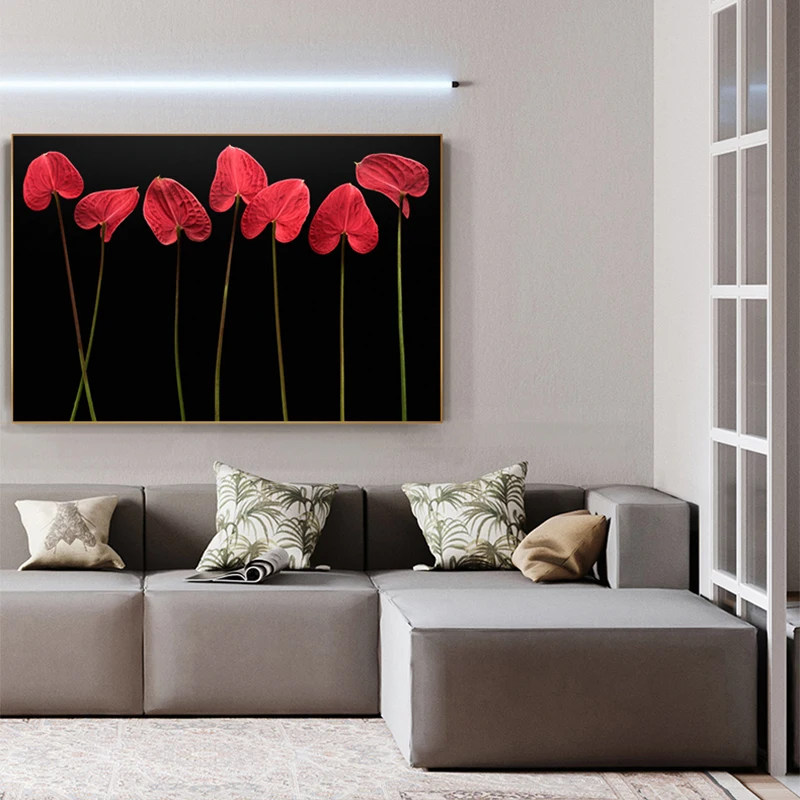Абстрактная красная Цветочная в темноте холст живопись современный черный