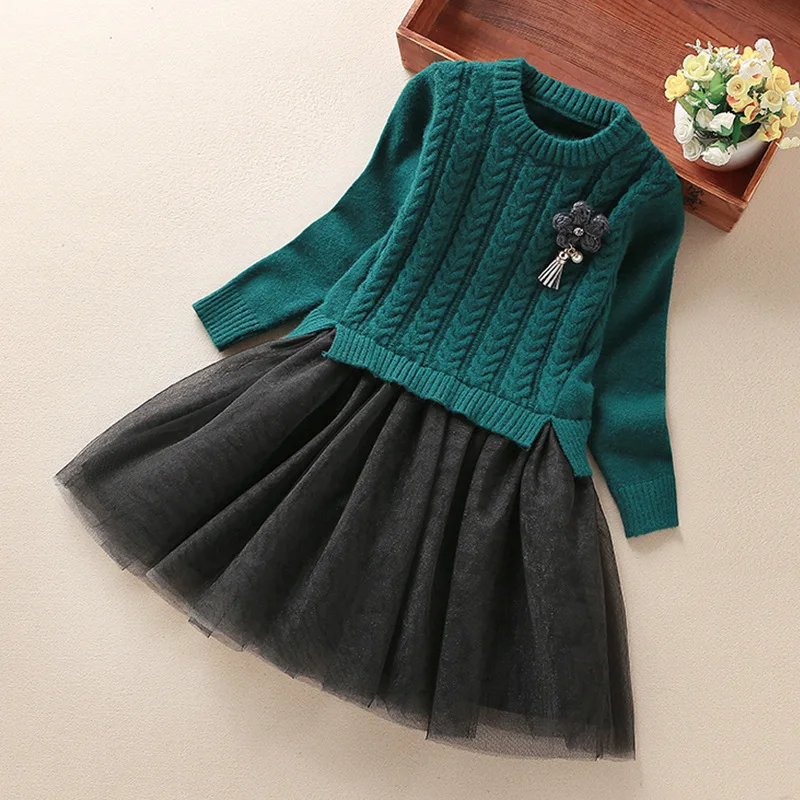 Winter Dresses For Kids Girls Long Sleeve Knitted Sweater Pullover + Voilce Tutu Dress Children Girl SY | Детская одежда и обувь