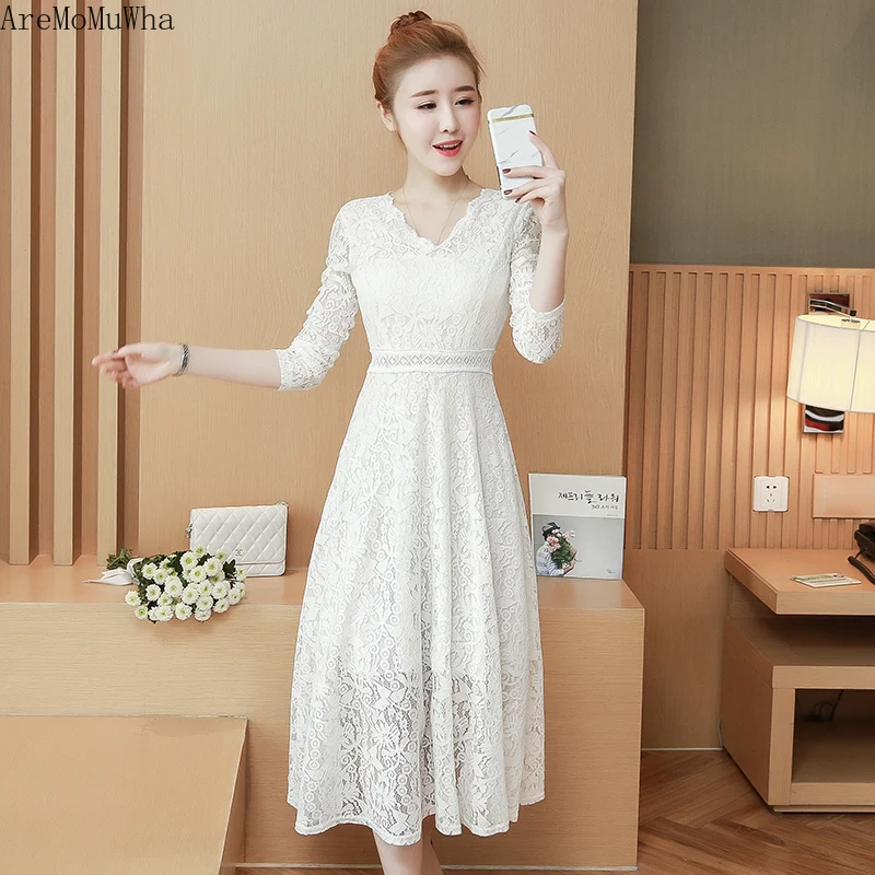 AreMoMuWha V collar lace long-sleeved dress 2019 Spring Autumn New style bottom medium length built knee dressmh329 | Женская одежда