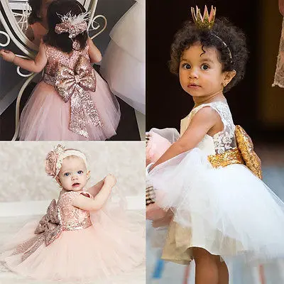 2018 Princess Kids Baby Girl Sequins Bowknot Dress Party Dresses Christmas Bow Summer Costume 0-10Y | Детская одежда и обувь