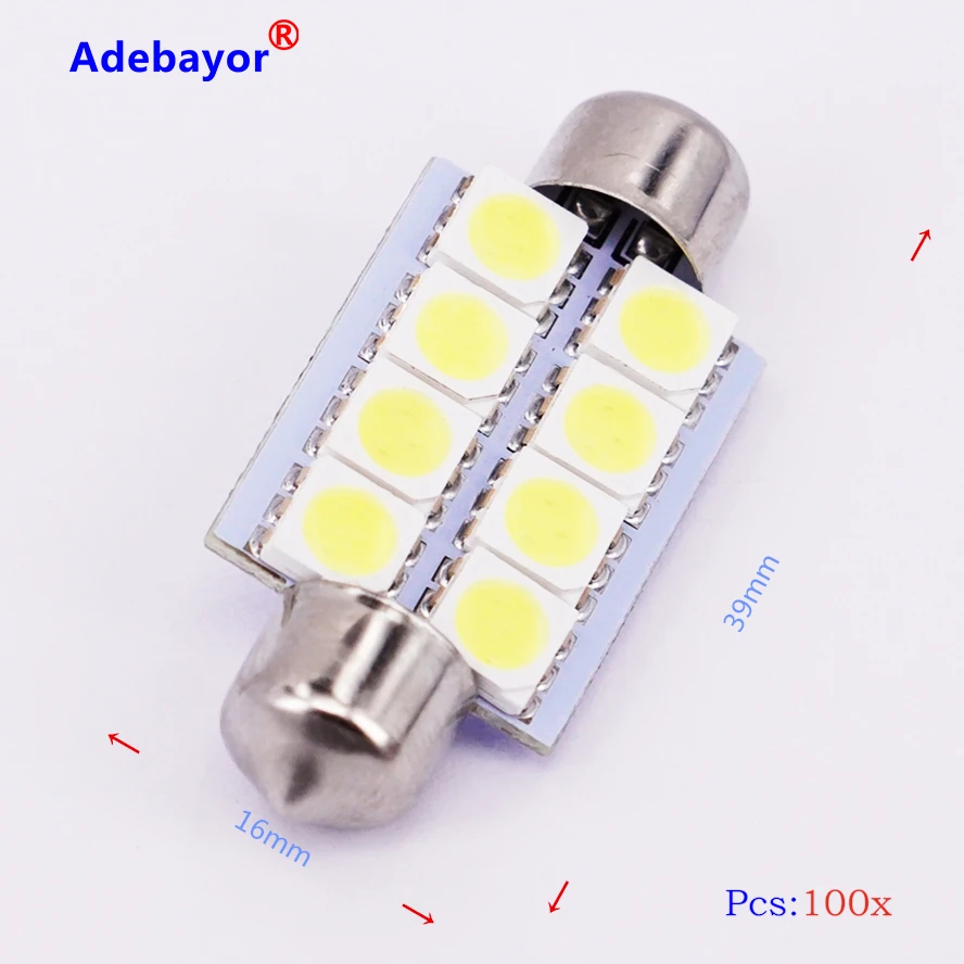 100 шт. Автомобильный интерьер 5050 8 светодиодный SMD Festoon Dome 39 мм светильник LED