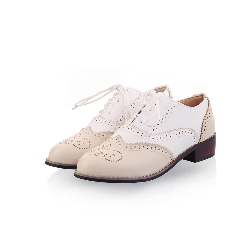 Beige Mix White XIUNINGYAN/ Для женщин броги обувь на плоской подошве смешанных Цвет кожаные оксфорды Повседневная Винтажная обувь Демисезонный Для женщин Туфли-оксфорды - Цвет: Beige Mix White