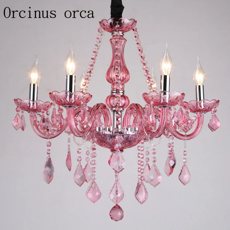 

European luxury pink crystal chandelier living room bedroom banquet hall Princess Room French candle glass pendant lamp