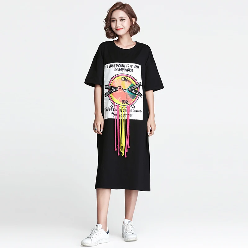 European Style Simple Leisure Large Size Women's Clothing Features A Relaxed and Comfortable Printed Logo Was Thin T-shirt Dress | Женская