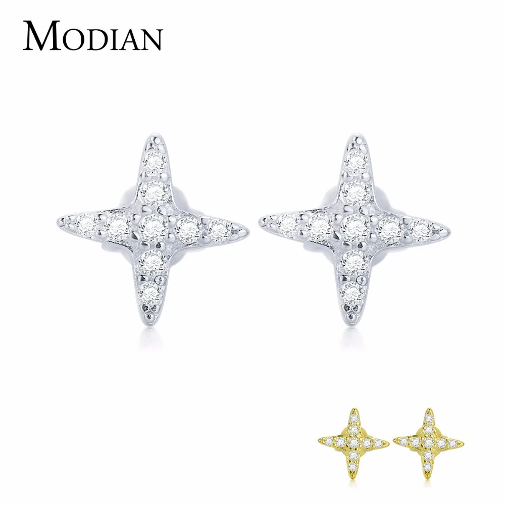 MODIAN 100% 925 пробы серебряные/Золотые сверкающие милые серьги гвоздики с прозрачным