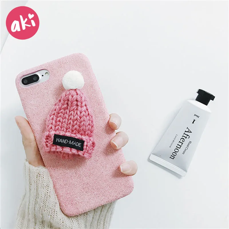 AKI Wool Hat Phone Case for iPhone 7 8 Plus 3D Cute Fur Cover 6 6s X Christmas Warm Winter |